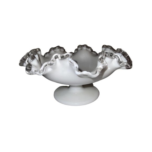 Fenton Silver Crest Milk Glass Bowl Dish 8”X4” Pedestaled Ruffled Vintage - Picture 2 of 6